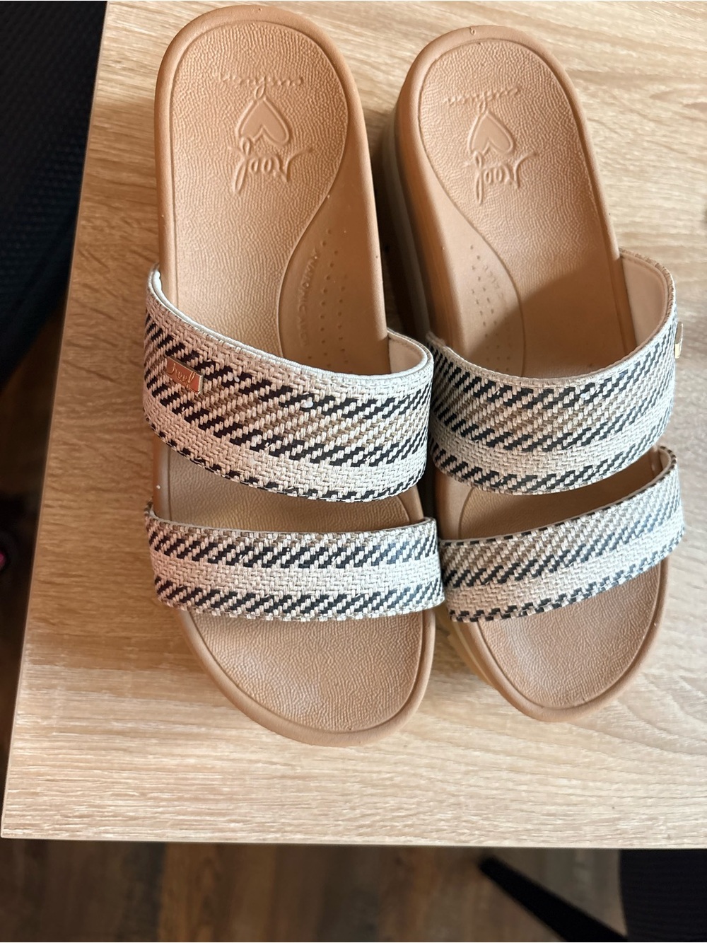 Reef Tan Slide Sandals with Black & White Striped Straps